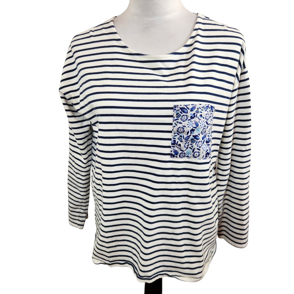 Chinti and Parker Navy Stripe Cotton Long Sleeve Pocket T Shirt Womens Large Top